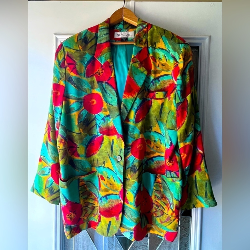 Vtg PAUL Et DUFFIER Womens M Blazer Jacket Artsy Abstract Colorful Boyfriend Cut